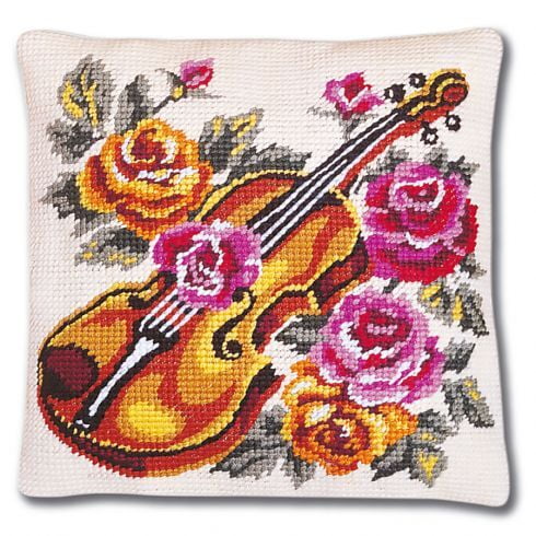 Kit per cuscino Mezzo Punto - Violino su composizione di rose Kit per cuscino Mezzo Punto - Violino su composizione di rose