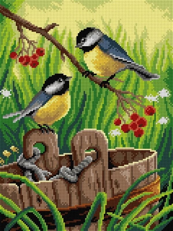 Due Uccellini con secchio - Tela Mezzopunto da 30x40 cm Due Uccellini con secchio - Tela Mezzopunto da 30x40 cm