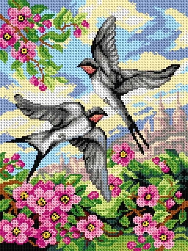 Paesaggio con Rondini e Fiori in primo piano - Tela Mezzopunto da 30x40 cm Paesaggio con Rondini e Fiori in primo piano - Tela Mezzopunto da 30x40 cm