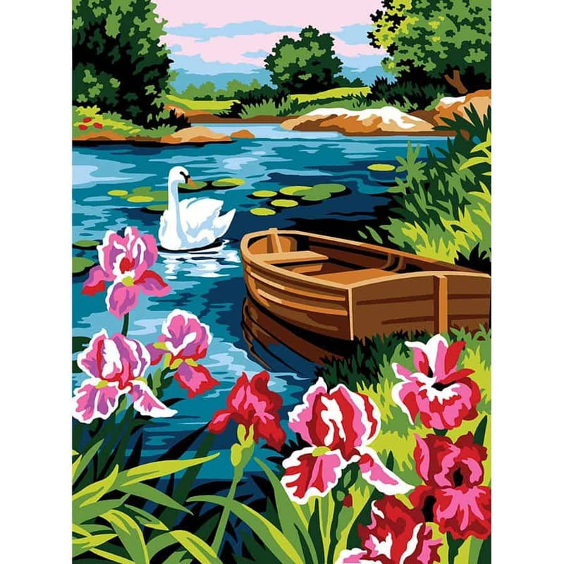Paesaggio con Iris e Lago - Tela per ricamo a mezzopunto Paesaggio con Iris e Lago - Tela per ricamo a mezzopunto