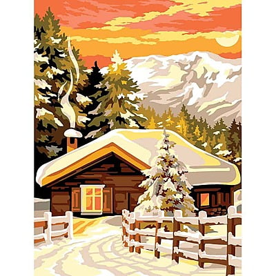 Cottage su tramonto e scena con neve