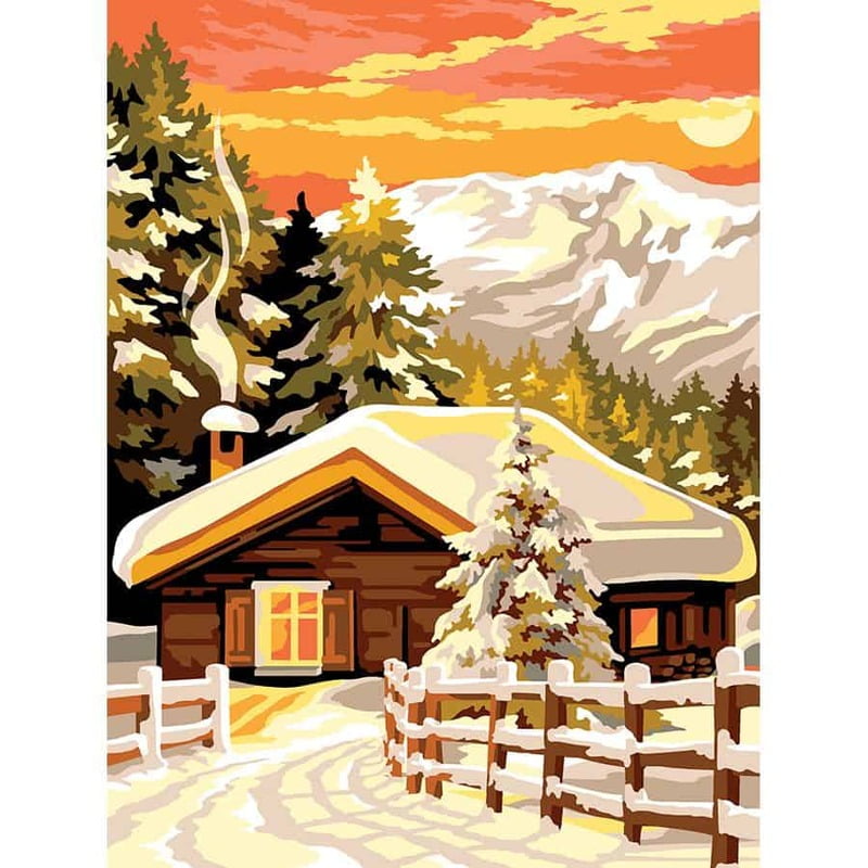Cottage su tramonto e scena con neve Cottage su tramonto e scena con neve