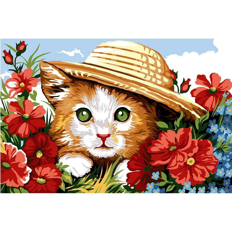 Gatto con Cappello - Tela per ricamo a mezzo punto stampata Gatto con Cappello - Tela per ricamo a mezzo punto stampata