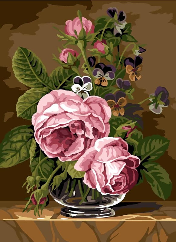 Bouquet con Rose e Pansee - Tela da ricamare a mezzopunto Bouquet con Rose e Pansee - Tela da ricamare a mezzopunto
