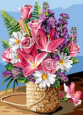 Cestino con Bouquet - tela per ricamo a mezzopunto