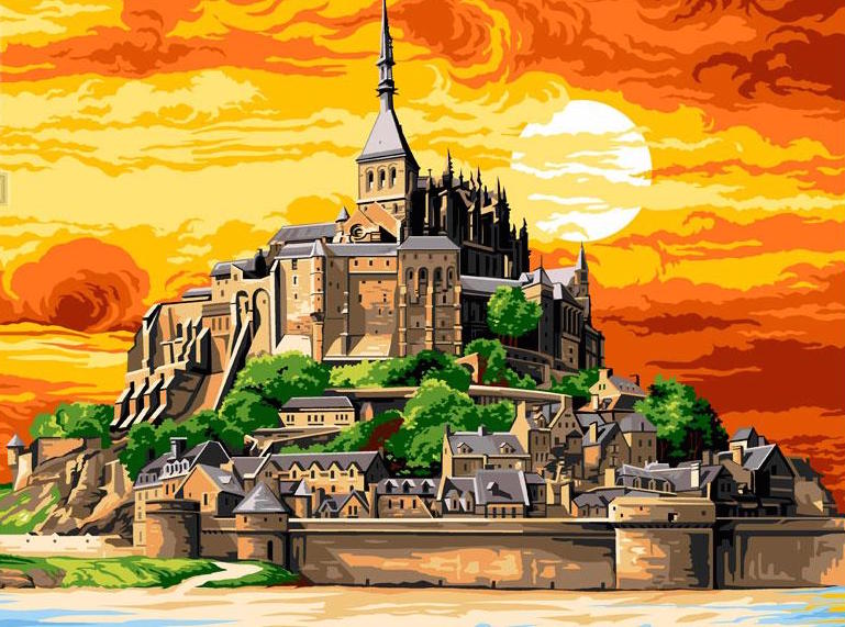 Tramonto a Mont Saint Michel, tela da ricamare a mezzopunto Tramonto a Mont Saint Michel, tela da ricamare a mezzopunto